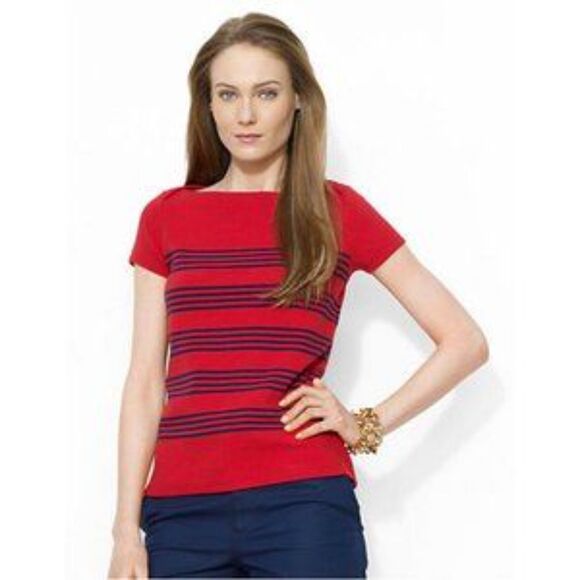Lauren Ralph Lauren Red Navy Blue Stripe Cotton Ottoman Stitched Blouse Size 2X - Picture 1 of 9